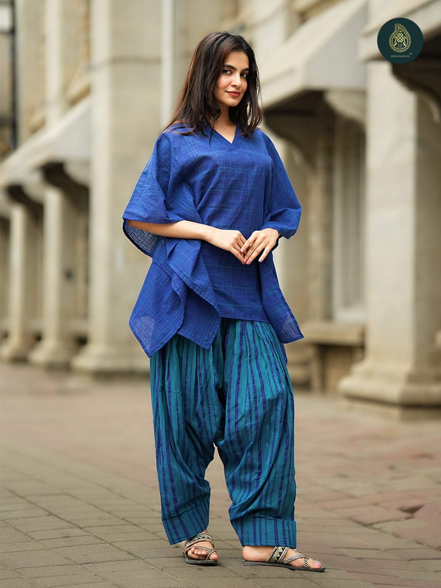 Royal Blue Handloom Cotton kaftan Top & Striped  farsi salwar For Women