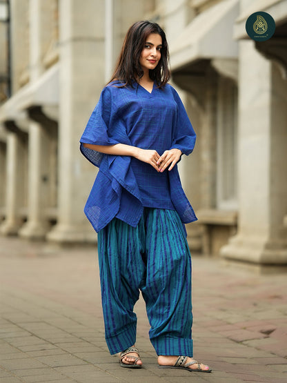 Royal Blue Handloom Cotton kaftan Top & Striped  farsi salwar For Women
