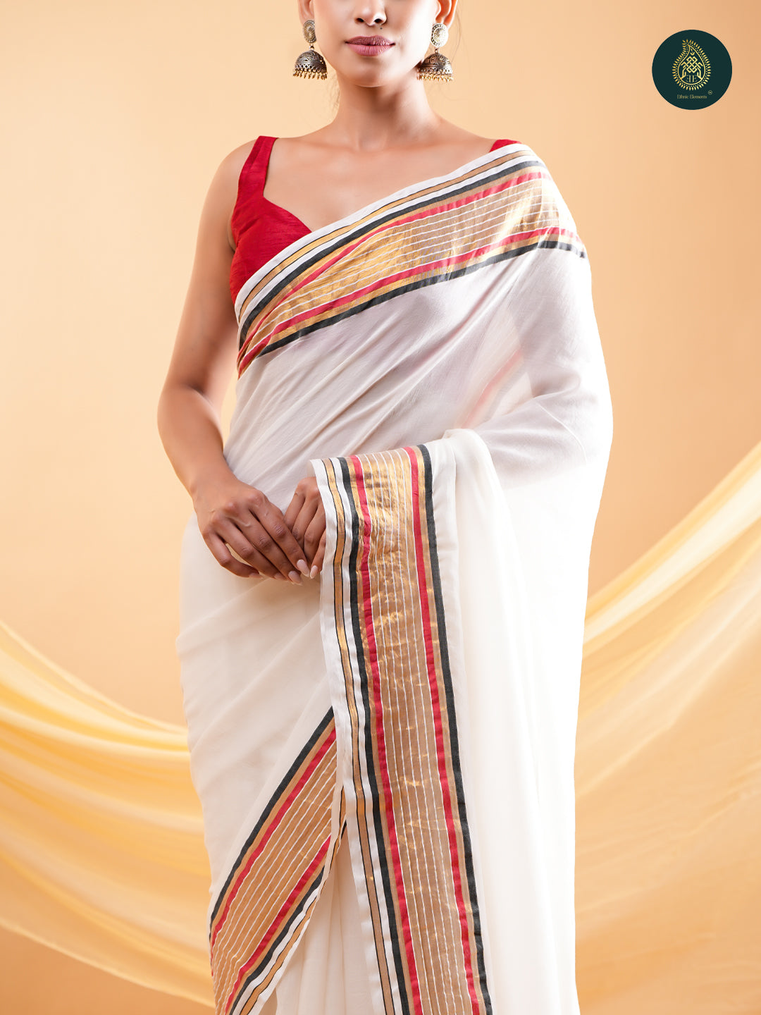 Off White Mul Cotton Saree with Woven Zari Border & Contrast Tassel Pallu