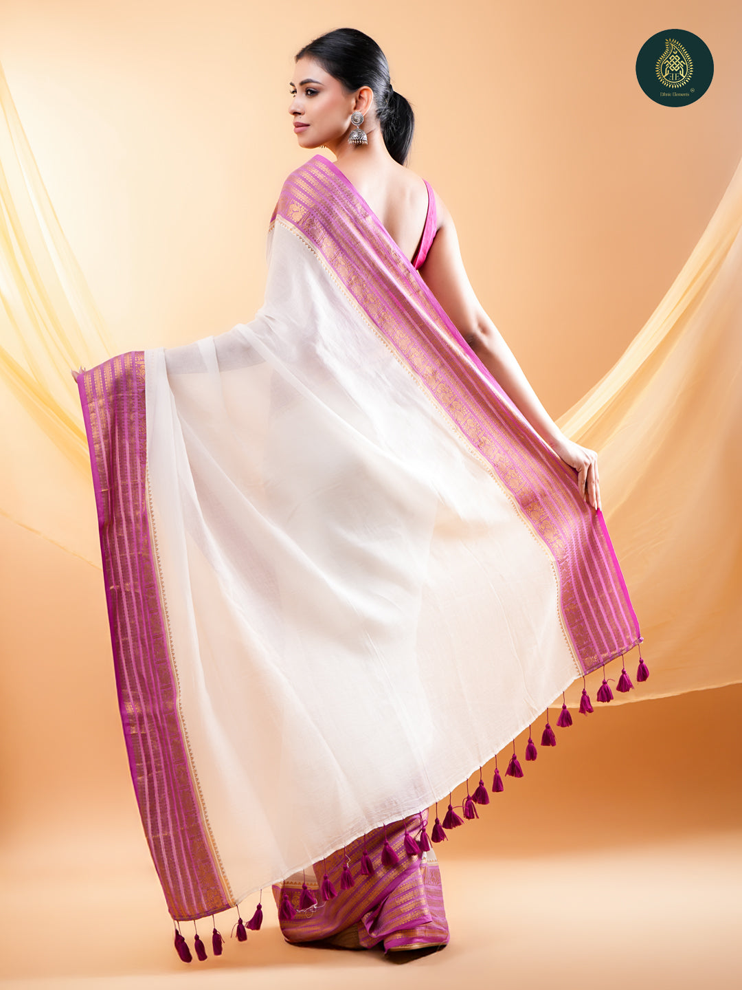 Ivory Mul Cotton Saree with Lavender & Gold Striped Border For women