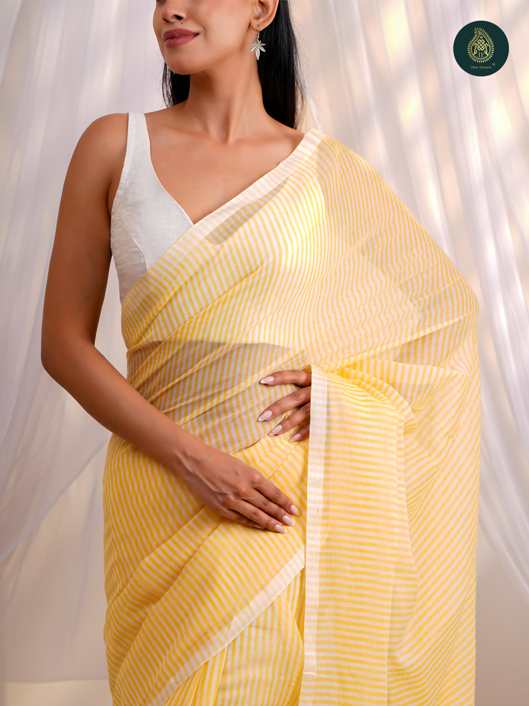 Fresh Yellow - Mul Cotton Saree with White Stripe Design