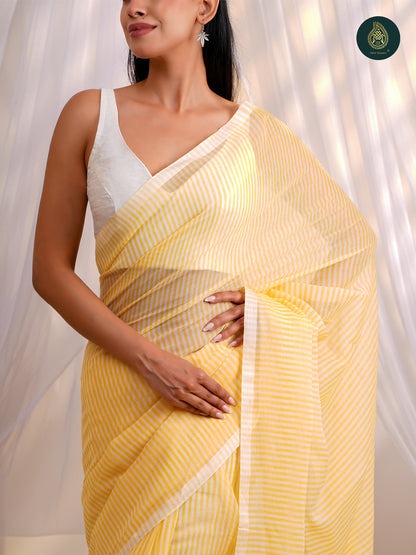 Fresh Yellow - Mul Cotton Saree with White Stripe Design