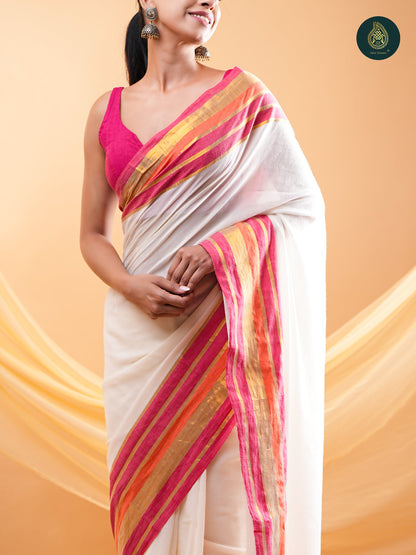 Ivory Mul Cotton Saree with Pink Orange & Gold Striped Border For women