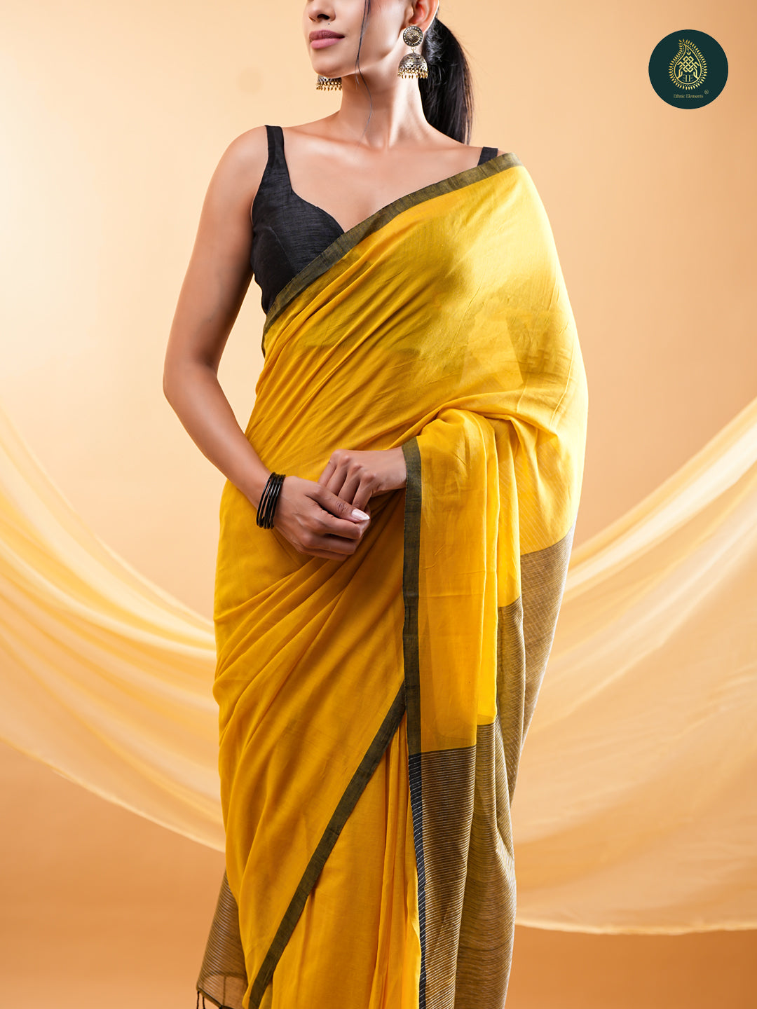 Radiant Mustard Yellow -  Mul Cotton Saree with Contrast Black Border