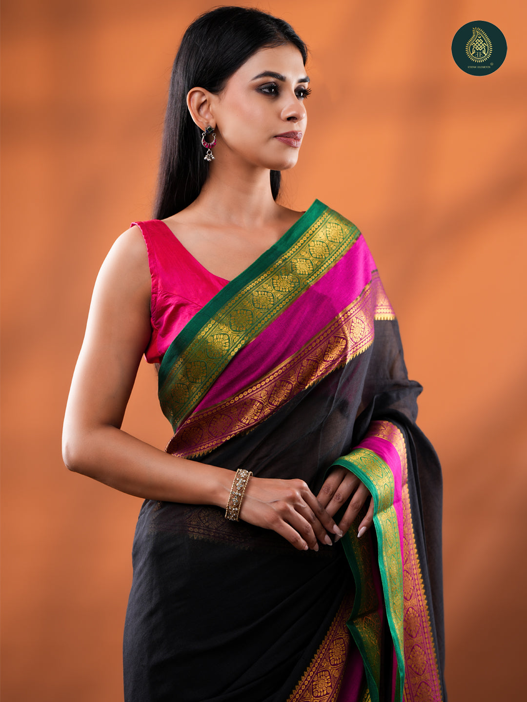 Black Mangalagiri Mul Cotton Loom Saree with Magenta & Green Zari Border For Women