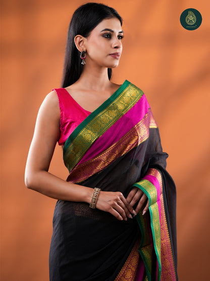 Black Mangalagiri Mul Cotton Loom Saree with Magenta & Green Zari Border For Women