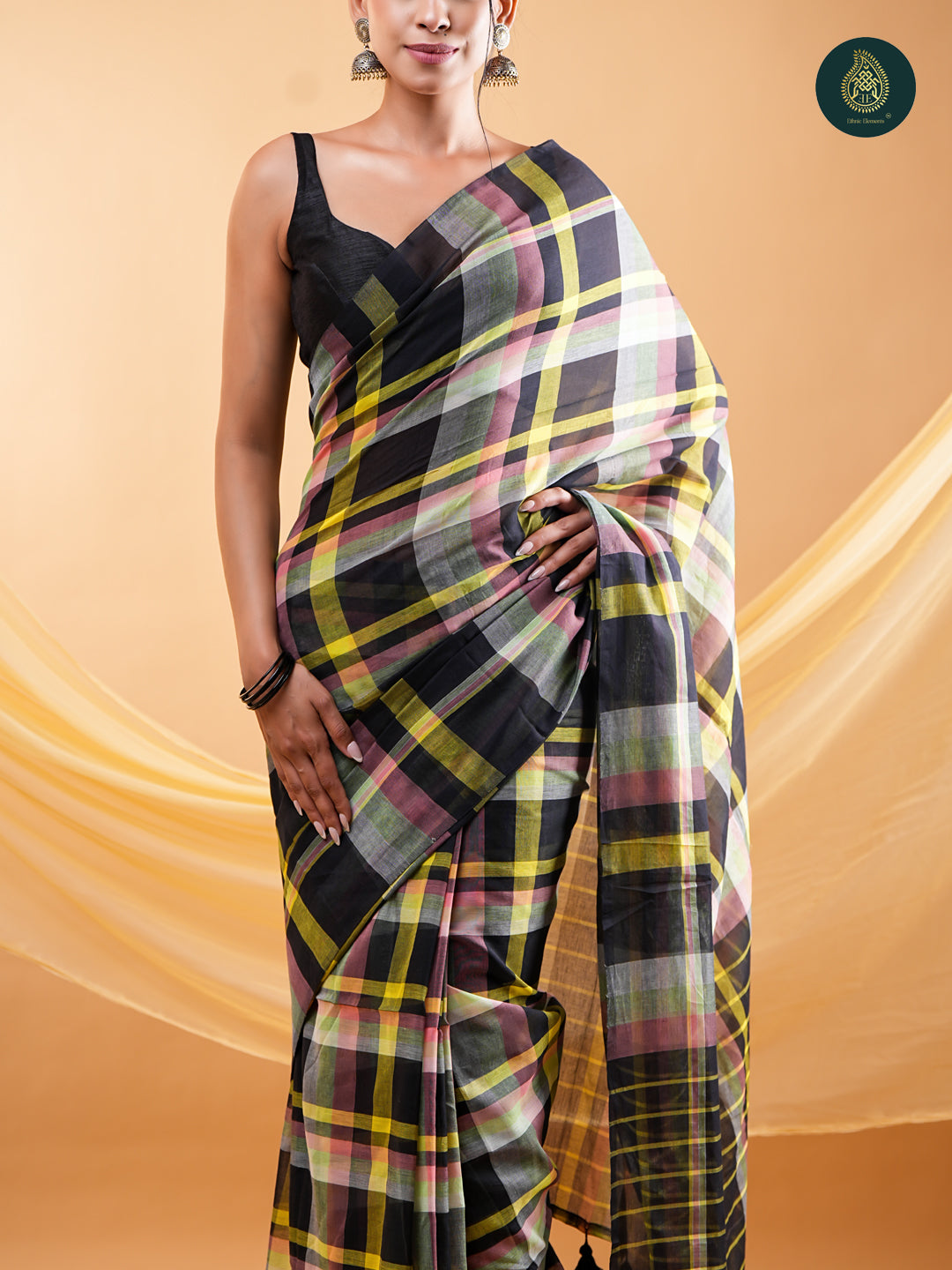 Vibrant Multi-Colour Checked - Mul Cotton Saree with Handcrafted Tassels