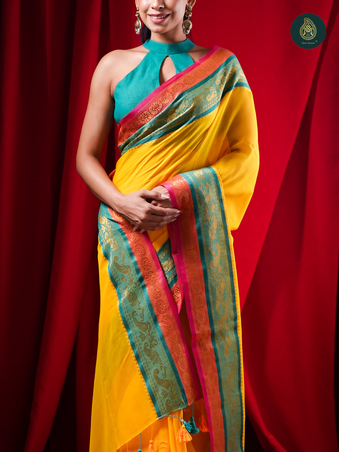Sunlit Yellow Mul Cotton Saree with Teal Zari Border For women