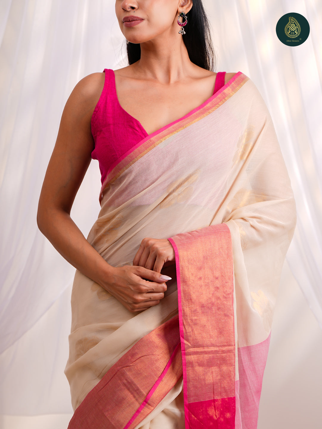 Elegant cream - Mul Cotton Saree with Zari Border with Traditional Buttis