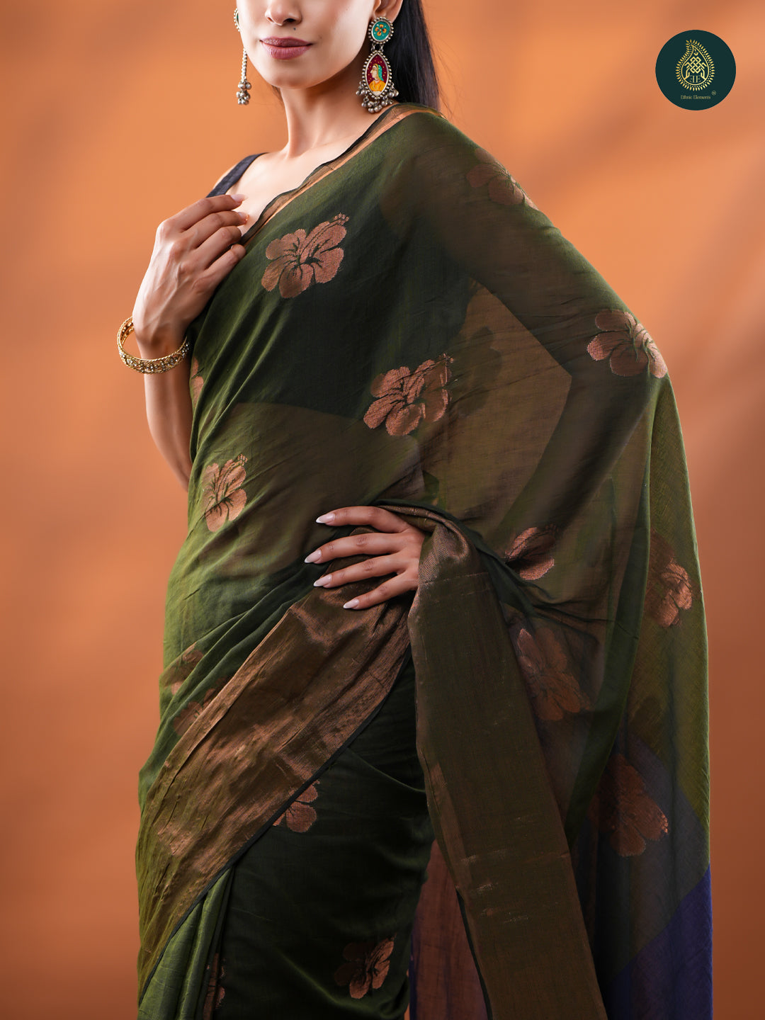 Olive Green Mul Cotton Saree with Copper Zari Floral Buttis & Indigo Pallu For Women