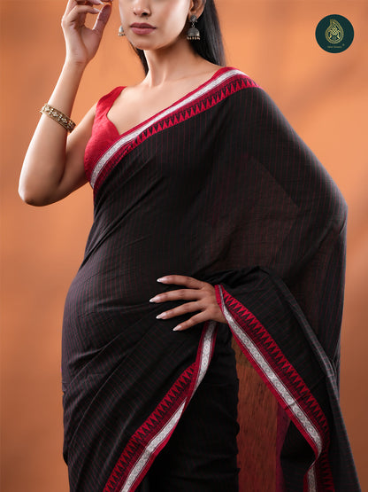 Black - Mul Cotton Saree with Temple Border & Silver Zari