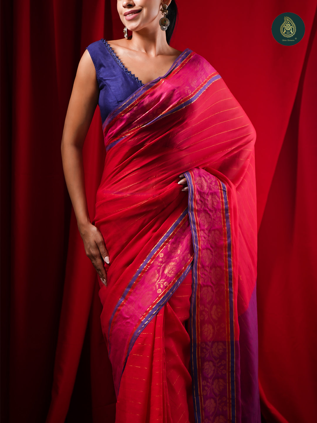 Rani Pink Mul Cotton Saree with Purple Contrast Pallu & Woven Border For Women