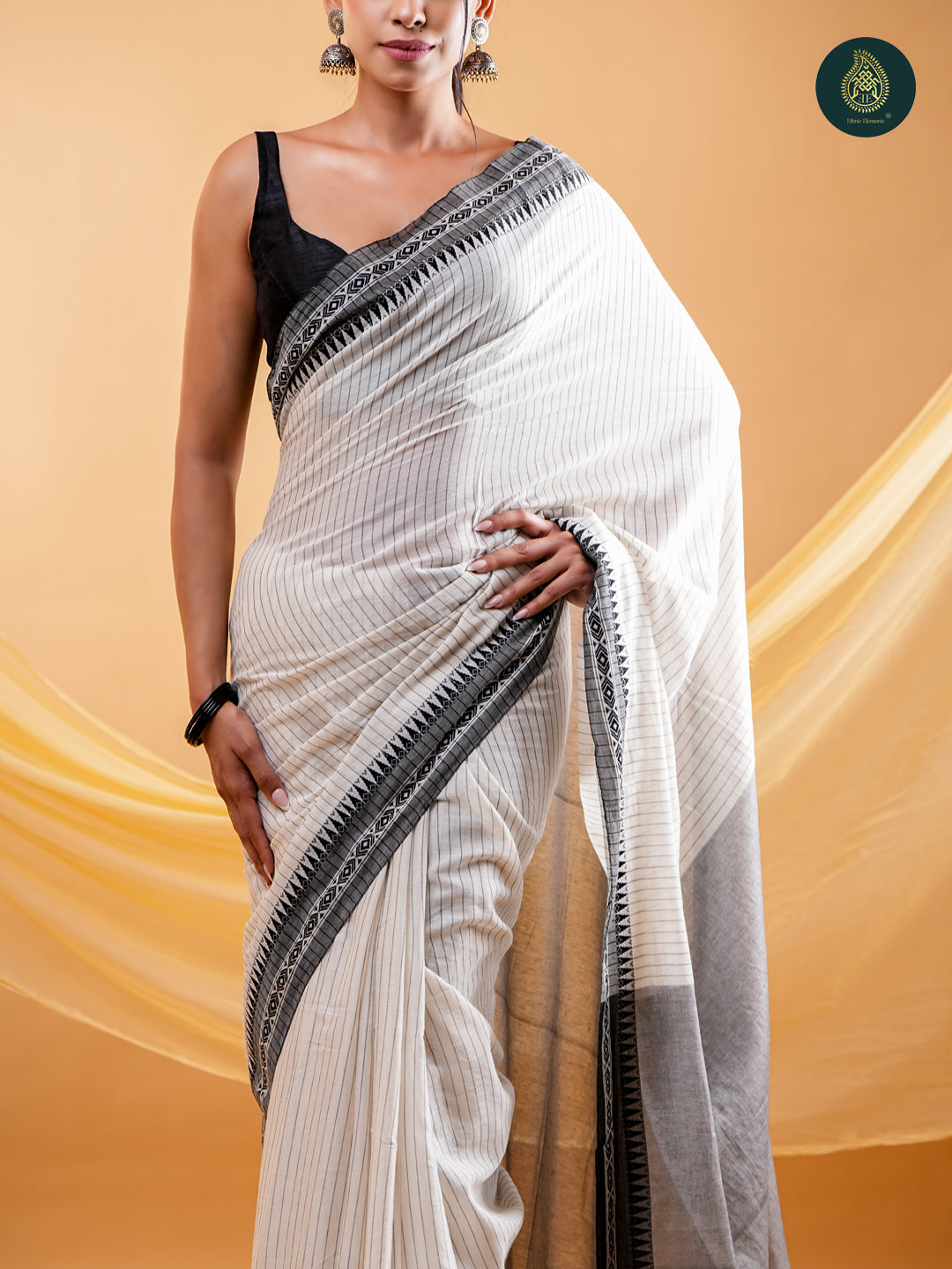 Stately Off-White -  Mul Cotton Saree with Traditional Temple Border