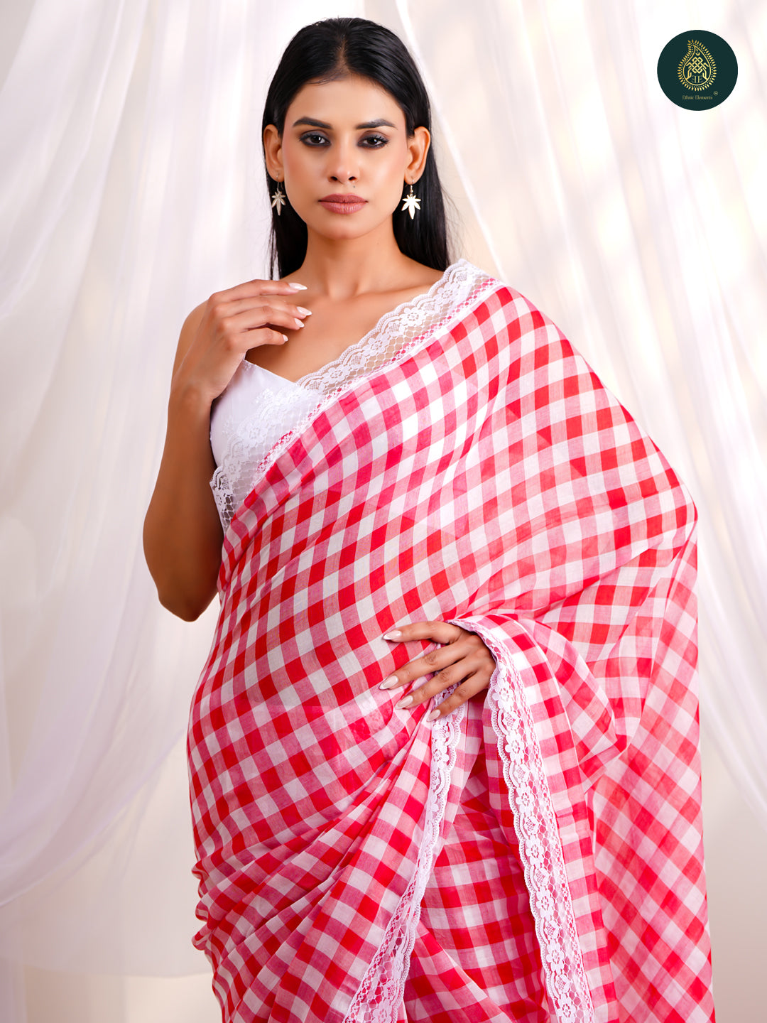 Cherry Red Mulmul Cotton Saree -Tassel Pallu