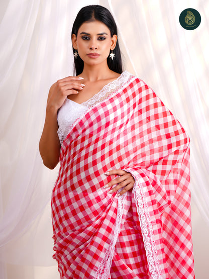 Cherry Red Mulmul Cotton Saree -Tassel Pallu