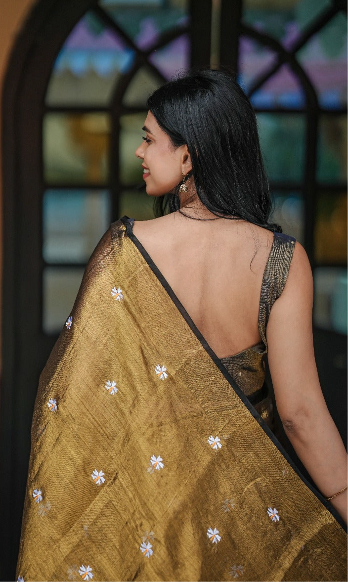 Mul Cotton Tissue Shiuli Saree - Golden Olive