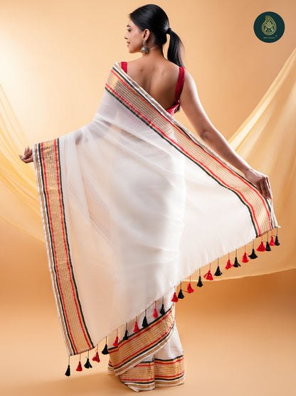 Off White Mul Cotton Saree with Woven Zari Border & Contrast Tassel Pallu