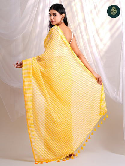 Sunshine Yellow Gingham Checks Mul Cotton Saree