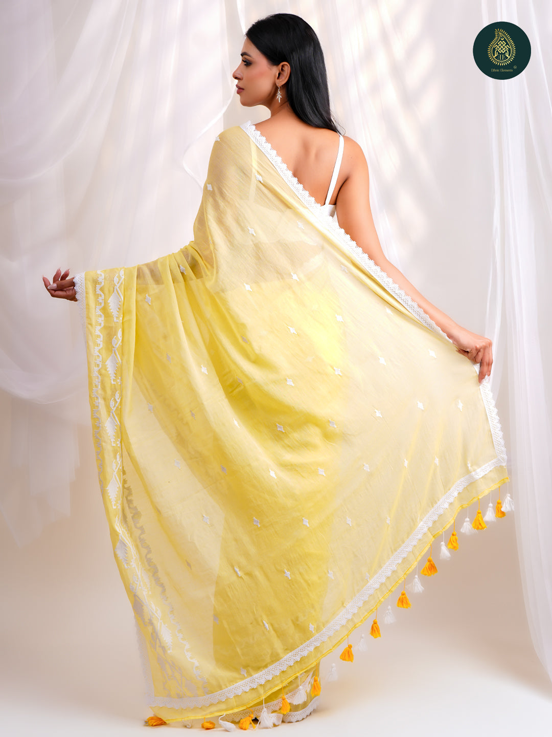 Luminous Yellow - Jamdani Embroidery Mul Cotton Saree with Soft Tassel Finish