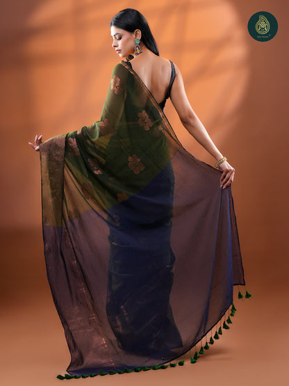 Olive Green Mul Cotton Saree with Copper Zari Floral Buttis & Indigo Pallu For Women