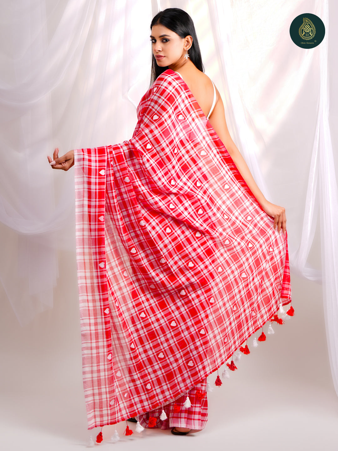 Checks Heart Mulmul Cotton Saree -  Handpainted