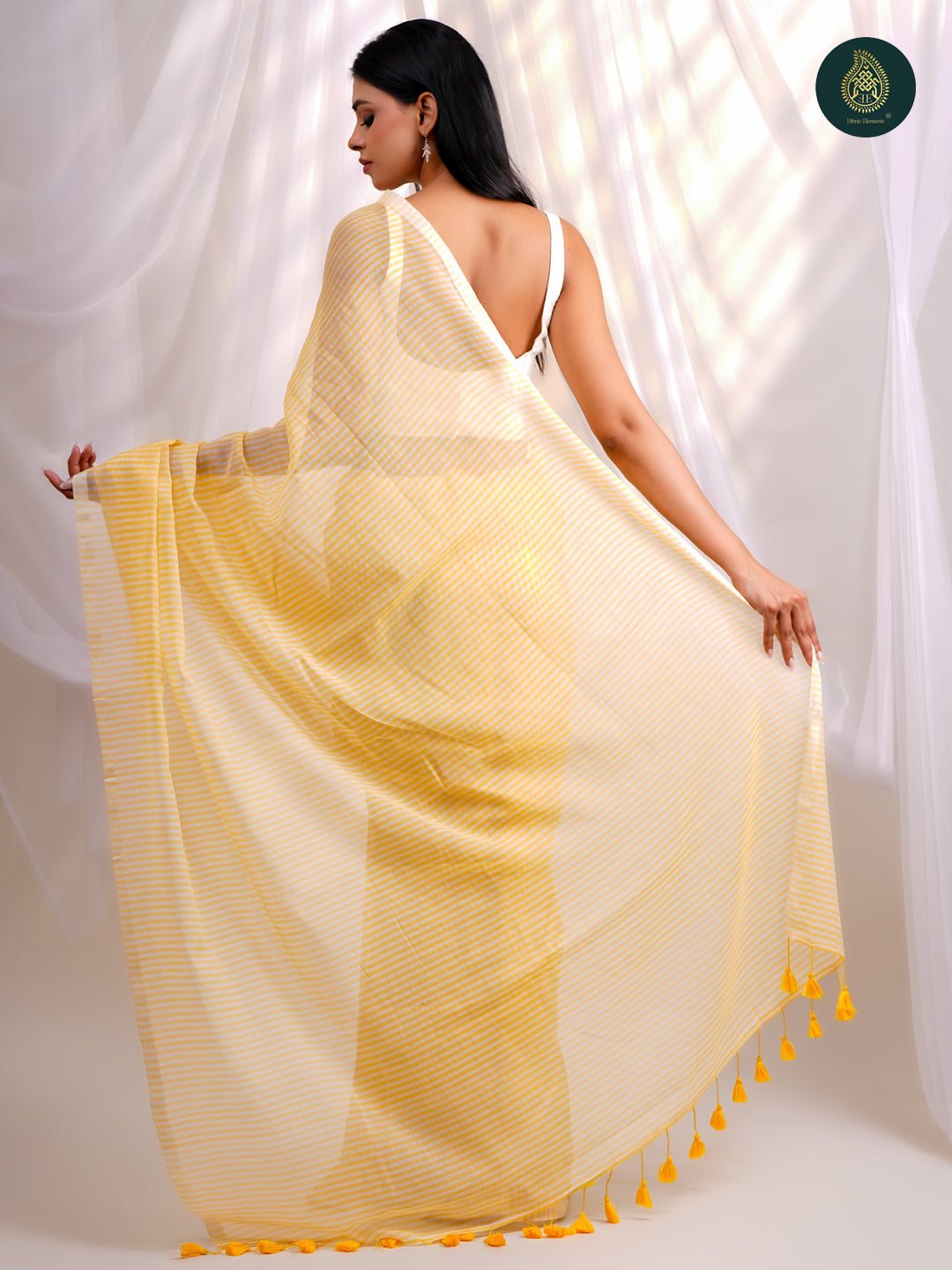 Fresh Yellow - Mul Cotton Saree with White Stripe Design