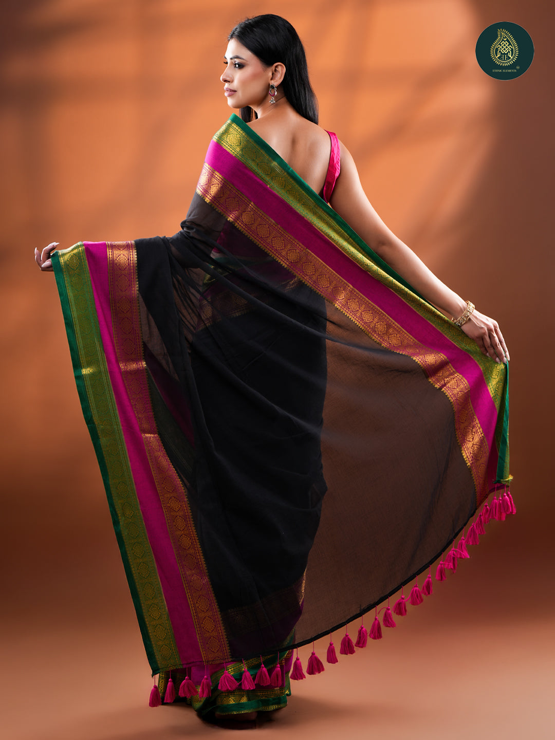 Black Mangalagiri Mul Cotton Loom Saree with Magenta & Green Zari Border For Women