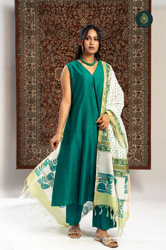 Sanganeri Stitched 3Pc Suit Set - Emerald Green