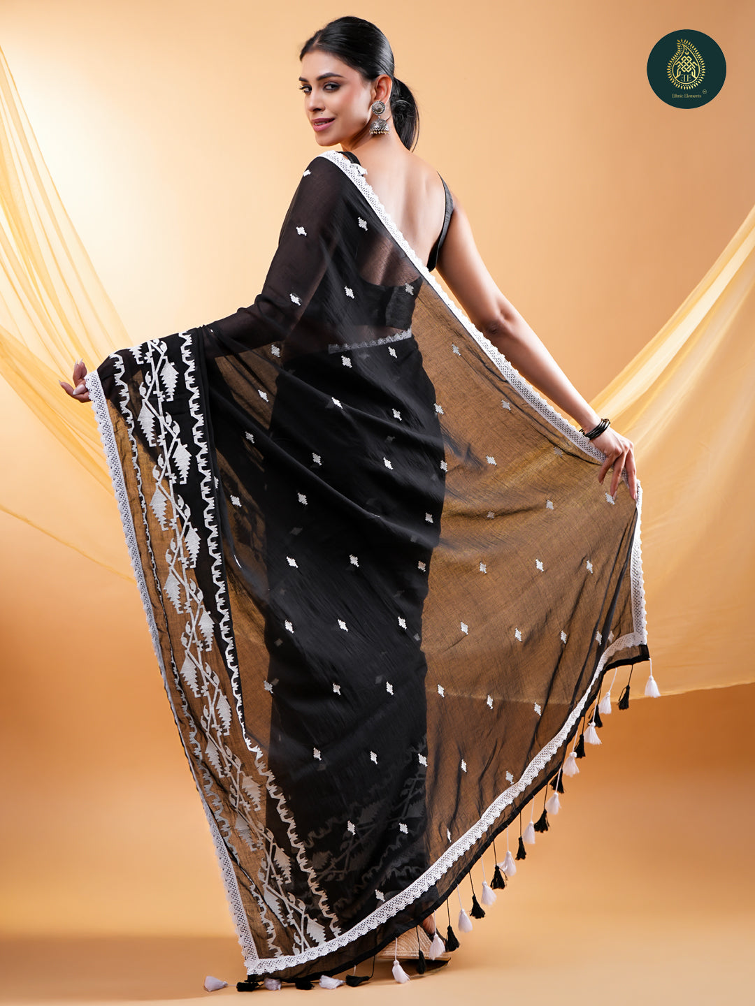 Black - Embroidery Mul Cotton Saree with Soft Tassel Finish