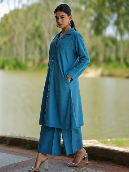 Stitched 2Pc Cotton Suit Set - Aqua Grid