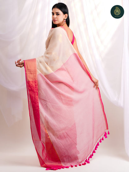 Elegant cream - Mul Cotton Saree with Zari Border with Traditional Buttis