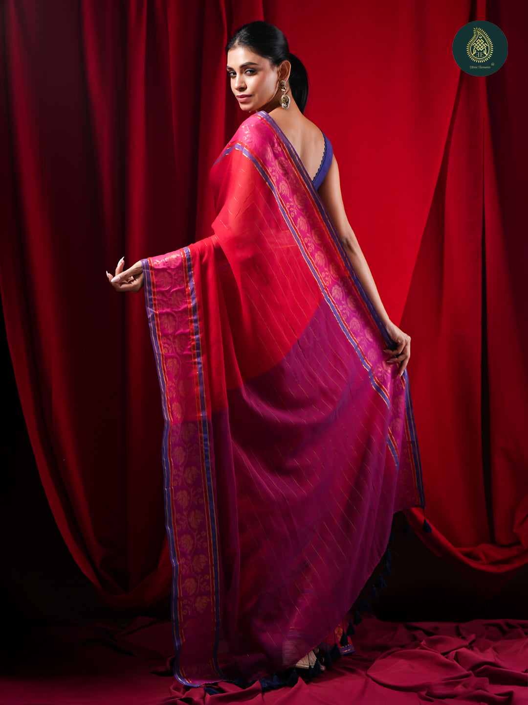 Rani Pink Mul Cotton Saree with Purple Contrast Pallu & Woven Border For Women