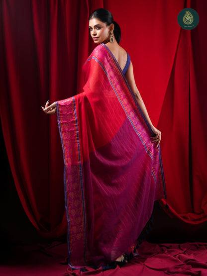 Rani Pink Mul Cotton Saree with Purple Contrast Pallu & Woven Border For Women