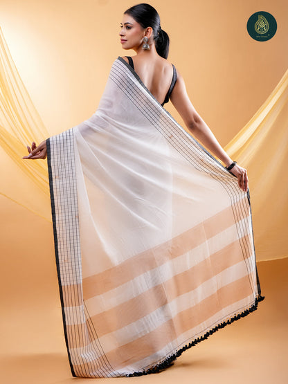 Chic White -  Mul Cotton Saree with Grid Border & Tassels