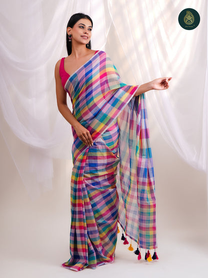 Checks Rainbow Multicolor-  Mul Cotton Saree