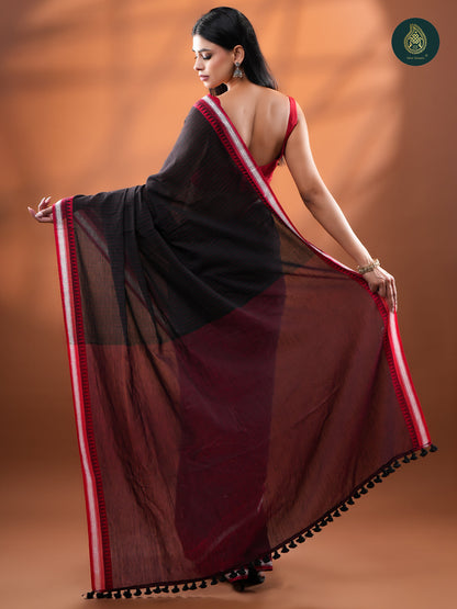 Black - Mul Cotton Saree with Temple Border & Silver Zari