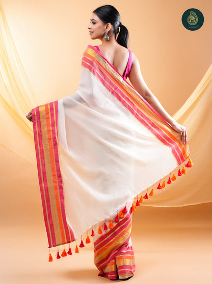Ivory Mul Cotton Saree with Pink Orange & Gold Striped Border For women