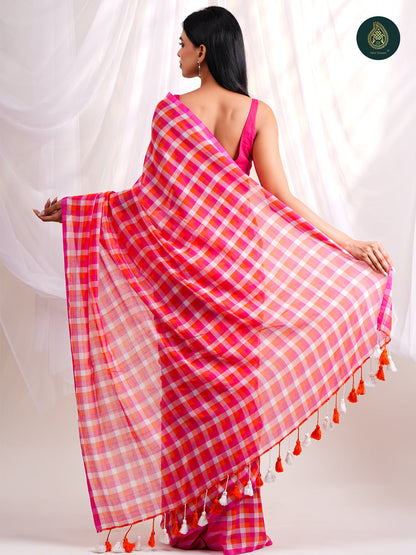 Bright Pink Mul Cotton Saree with Handcrafted Tassels For Women