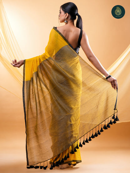 Radiant Mustard Yellow -  Mul Cotton Saree with Contrast Black Border