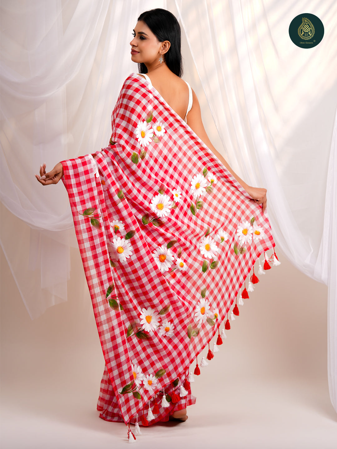 Crimson Red Checked Mul Cotton Saree with Hand-Painted Daisies