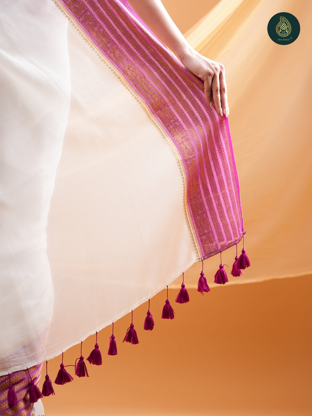 Ivory Mul Cotton Saree with Lavender & Gold Striped Border For women