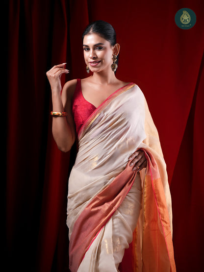 Ivory White Jamdani Zari Mul Cotton Saree For Women