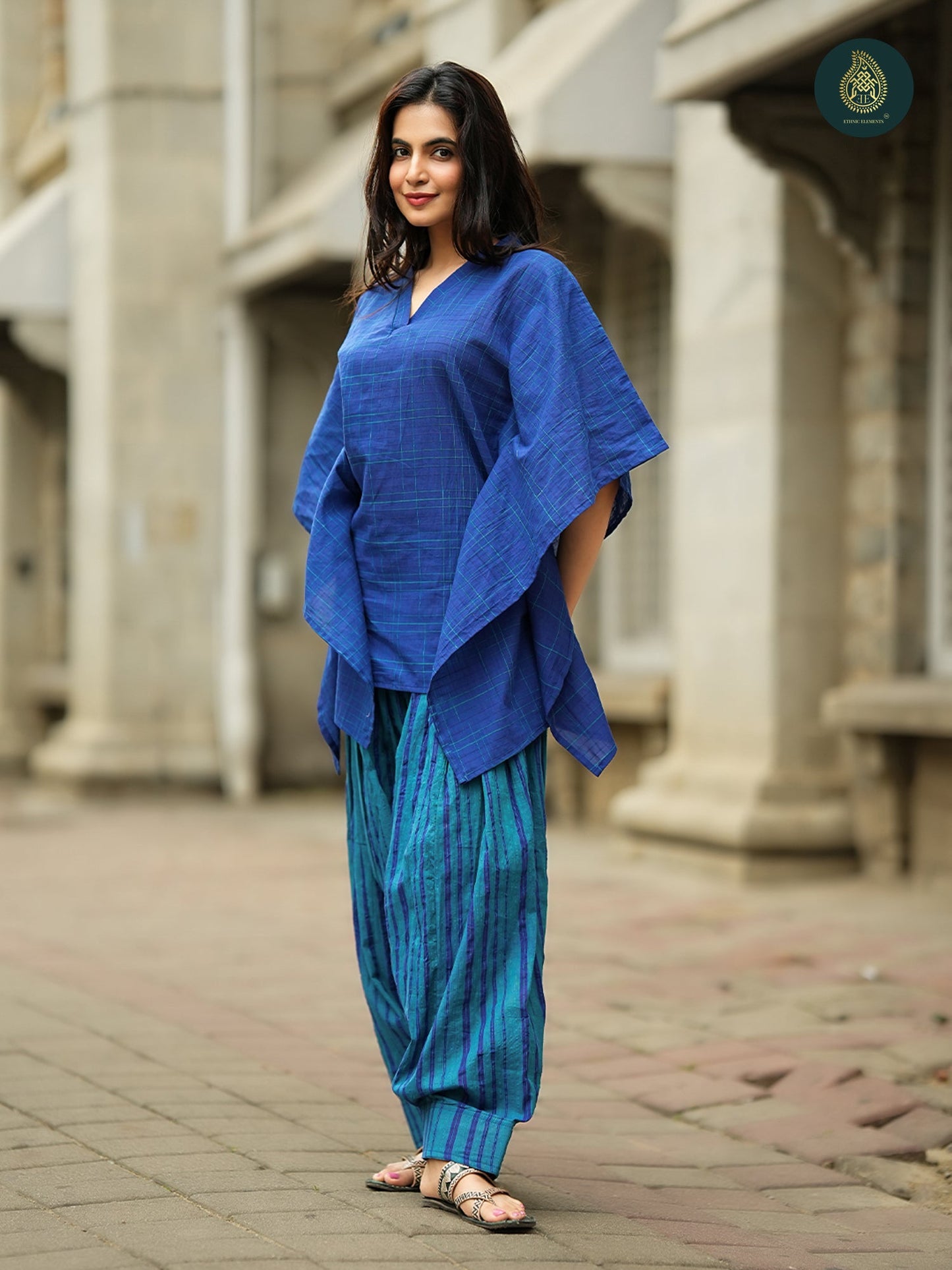 Royal Blue Handloom Cotton kaftan Top & Striped  farsi salwar For Women