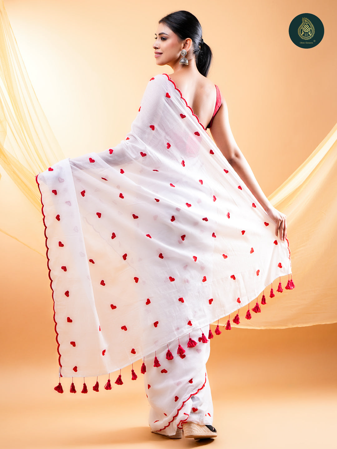White Mul Cotton Saree with Red Heart Embroidery & Scalloped Border For women