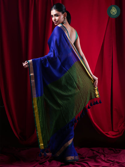 Royal Blue Pure Cotton Saree with Emerald Zari Border For Women