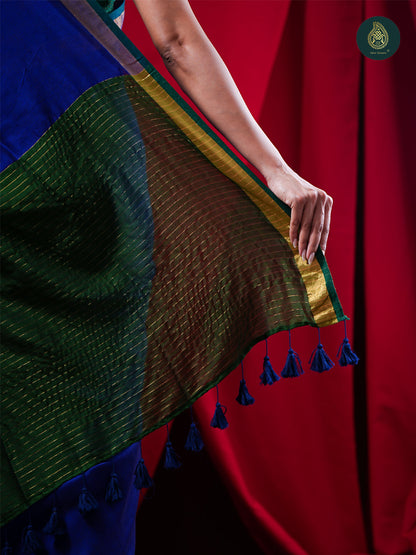 Royal Blue Pure Cotton Saree with Emerald Zari Border For Women