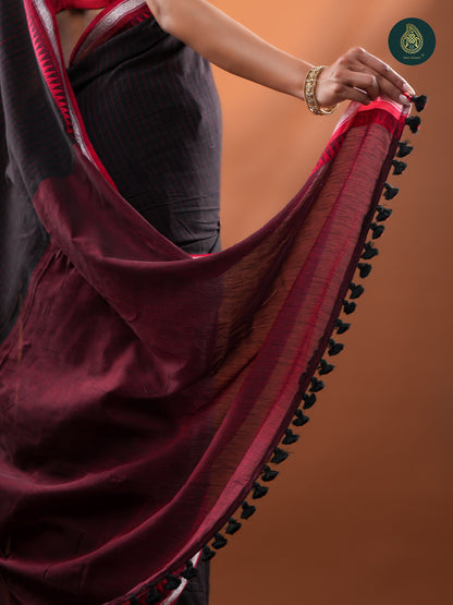 Black - Mul Cotton Saree with Temple Border & Silver Zari