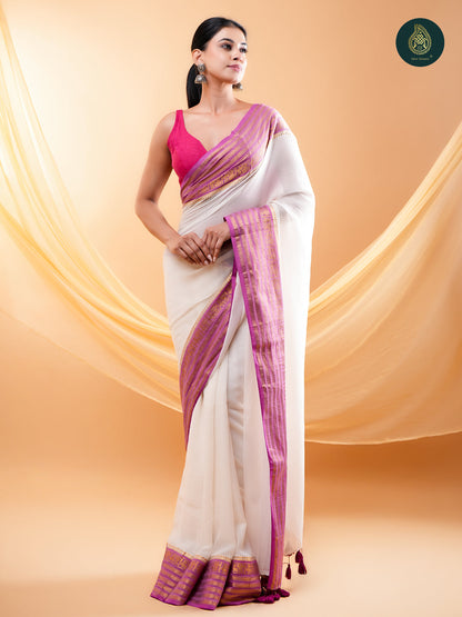 Ivory Mul Cotton Saree with Lavender & Gold Striped Border For women
