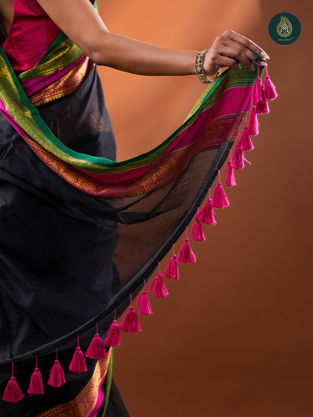Black Mangalagiri Mul Cotton Loom Saree with Magenta & Green Zari Border For Women