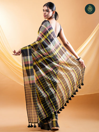 Vibrant Multi-Colour Checked - Mul Cotton Saree with Handcrafted Tassels